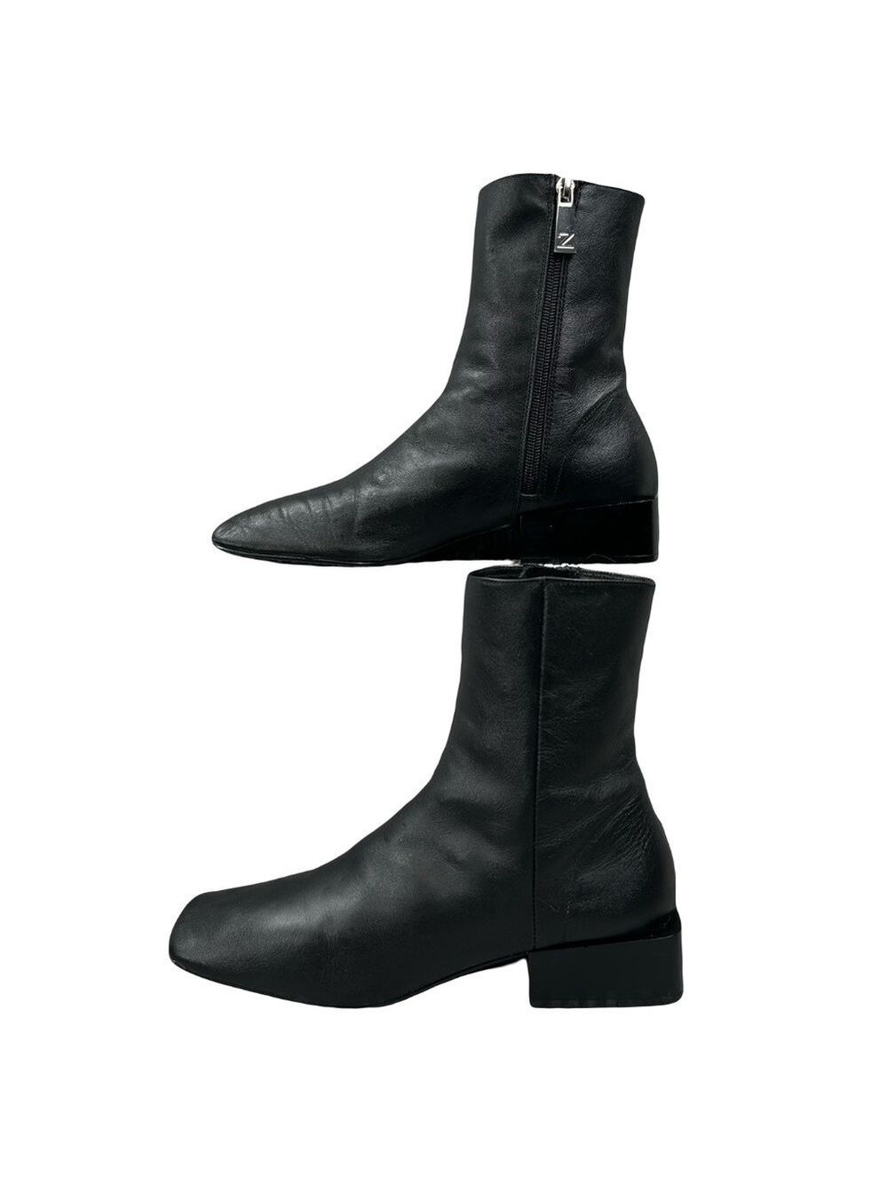 Zara Black Leather Square Toe Block Heel Ankle Boots US 6.5, EU 37